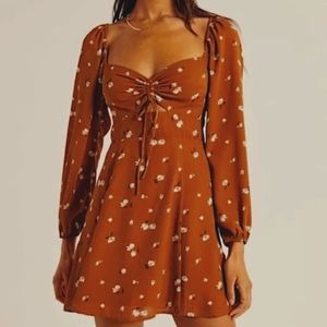 NWT Abercrombie & Fitch Cinch-Front Cutout Mini Dress in Orange Brown Floral